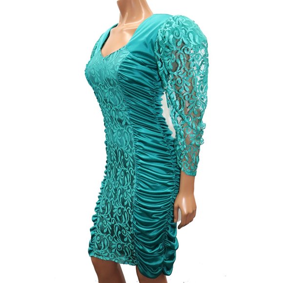 Mavens of California Vintage Body Con 80s Ruche Party Dress Puff Lace Sleeve 7 - Picture 5 of 10
